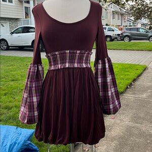 Burgundy Dress with Plaid Bell Sleeves and bubble hem